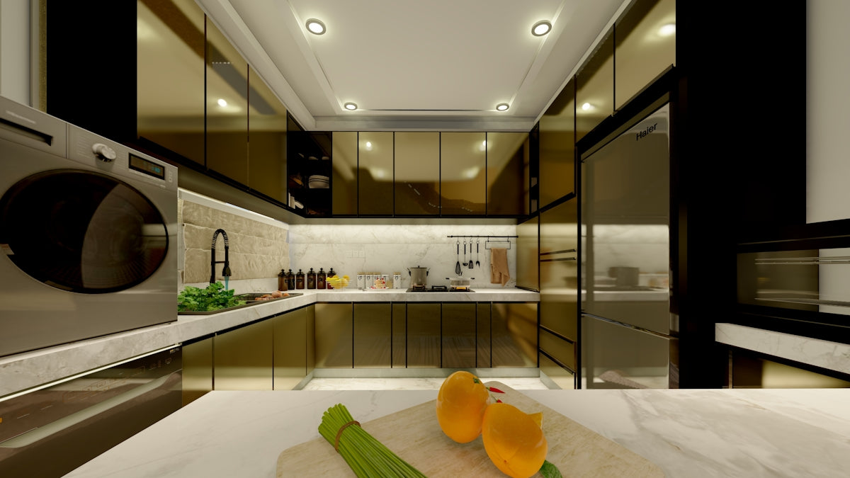 A modern kitchen with appliances and fruit.