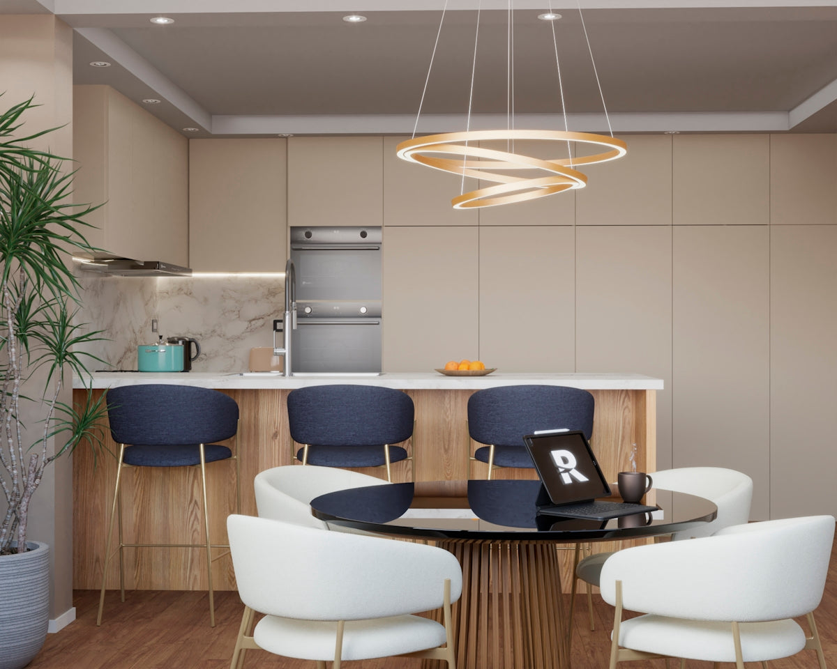 Modern kitchen island with bar stools and dining area.
