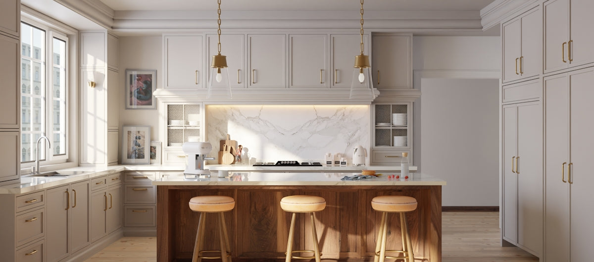 Modern kitchen with island and three stools